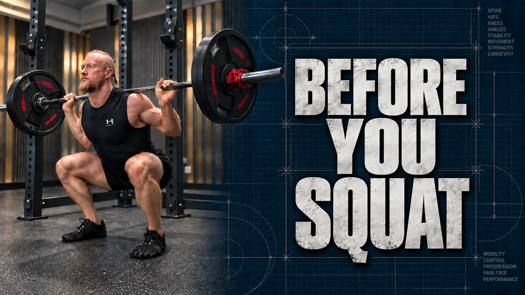 Eric Higgins holding a weighted deep squat with forearms inside the knees as part of a barbell squat warm-up
